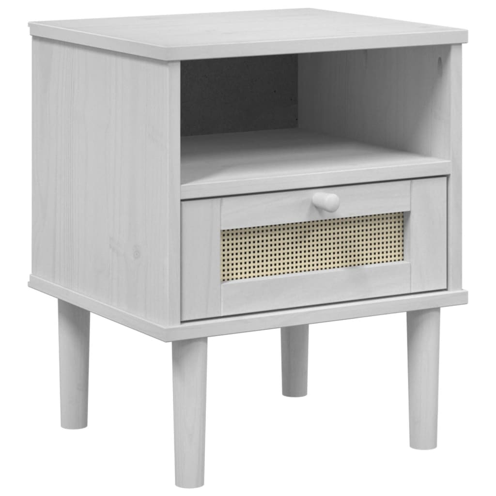 Bedside Cabinet SENJA Rattan Look White 15.7"x13.8"x18.9" Solid Wood Pine