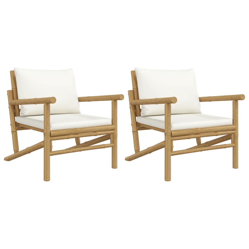 Patio Chairs 2 pcs with Cream White Cushions Bamboo