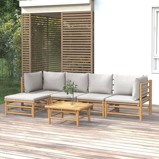 6 Piece Patio Lounge Set with Light Gray Cushions Bamboo