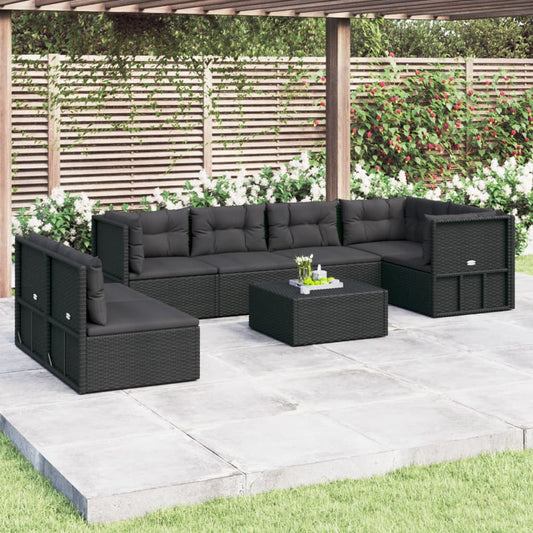 7 Piece Patio Lounge Set with Cushions Black Poly Rattan