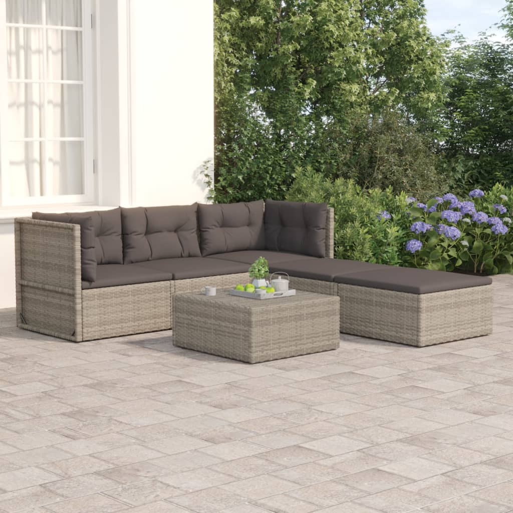 5 Piece Patio Lounge Set with Cushions Gray Poly Rattan