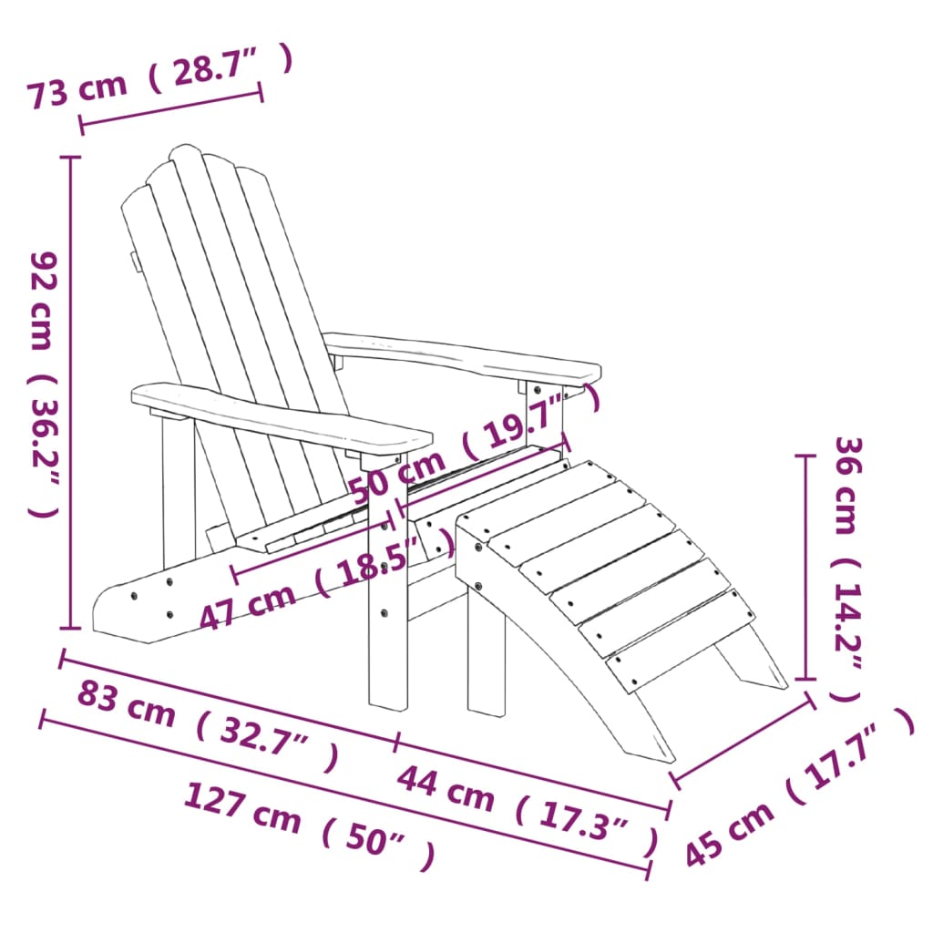 Patio Adirondack Chair with Footstool & Table HDPE White