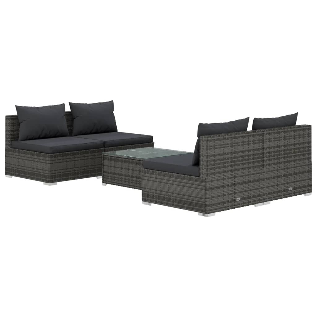 5 Piece Patio Lounge Set with Cushions Poly Rattan Gray