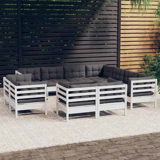 11 Piece Patio Lounge Set with Cushions White Solid Pinewood