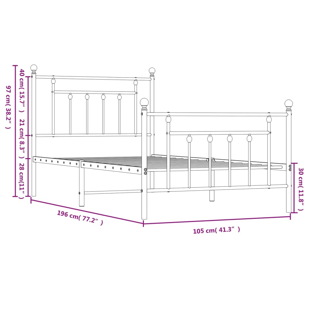 Metal Bed Frame without Mattress with Footboard White 39.4"x74.8"