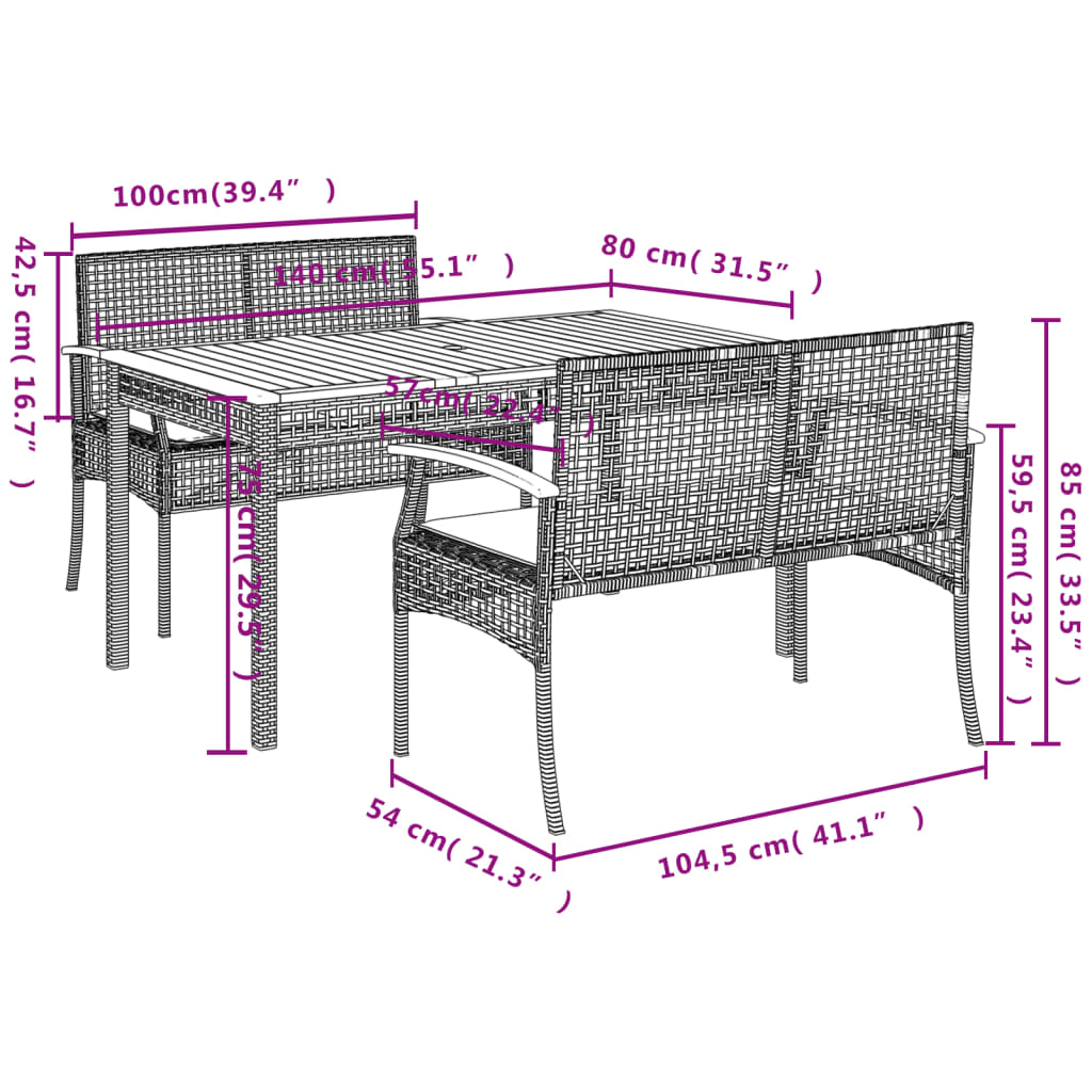 3 Piece Patio Dining Set with Cushions Black Poly Rattan