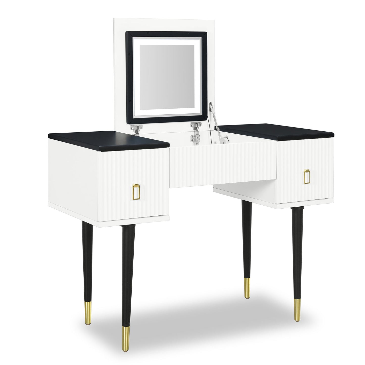 43.3" Modern Vanity Table Set with Flip-top Mirror and LED Light, Dressing Table with Customizable Storage, White and Black