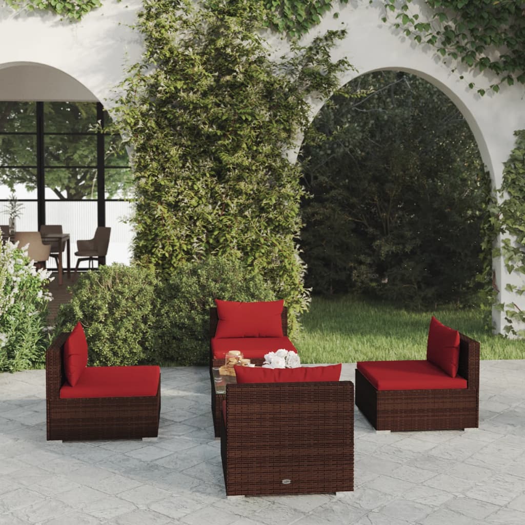 5 Piece Patio Lounge Set with Cushions Poly Rattan Brown