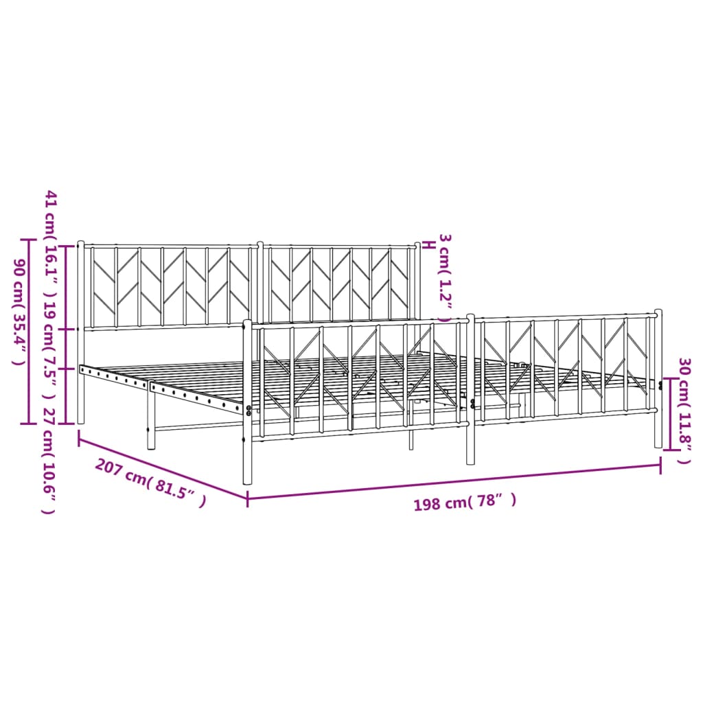 Metal Bed Frame without Mattress with Footboard White 76"x79.9"