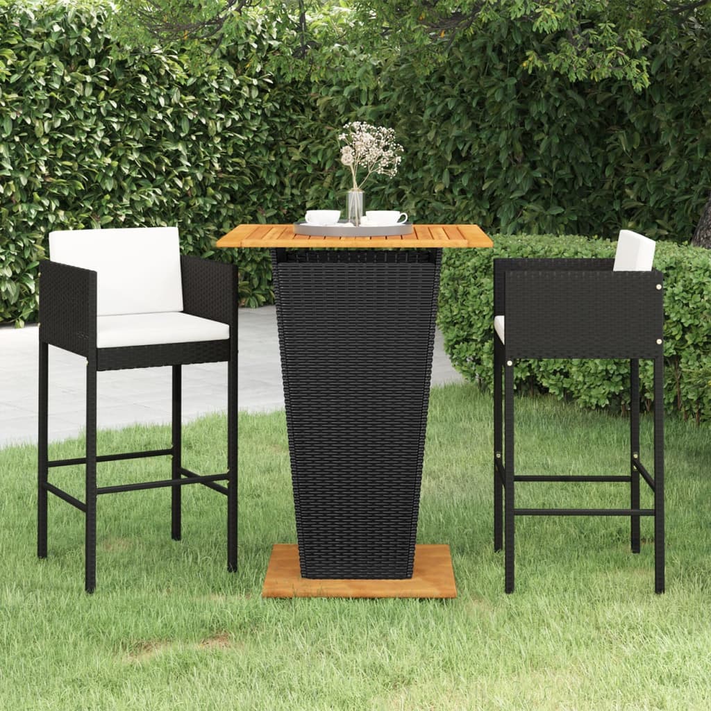 3 Piece Patio Bar Set with Cushions Poly Rattan Black