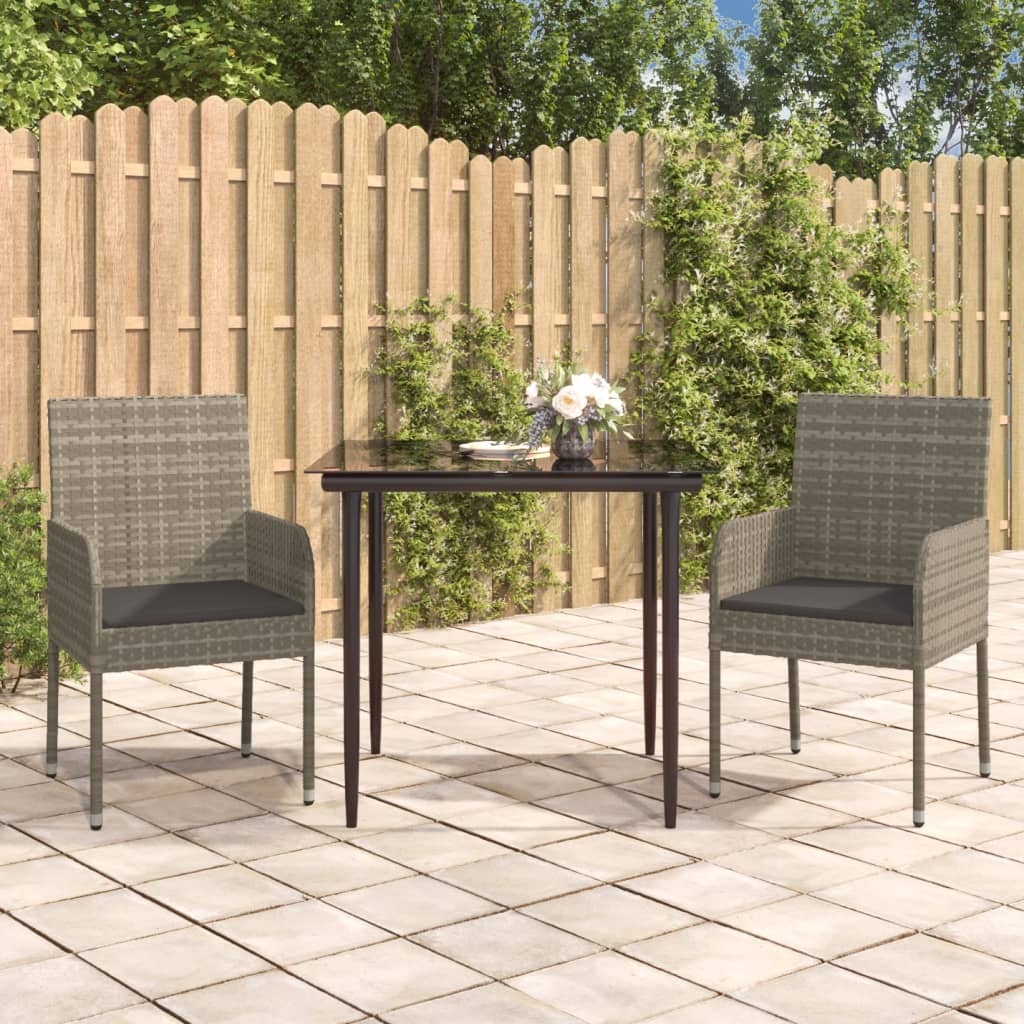 3 Piece Patio Dining Set with Cushions Black and Gray Poly Rattan