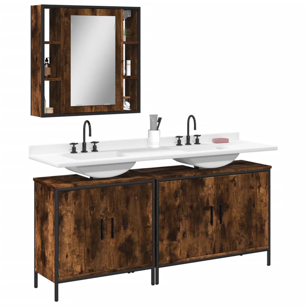 3 Piece Bathroom Cabinet Set Smoked Oak Engineered Wood