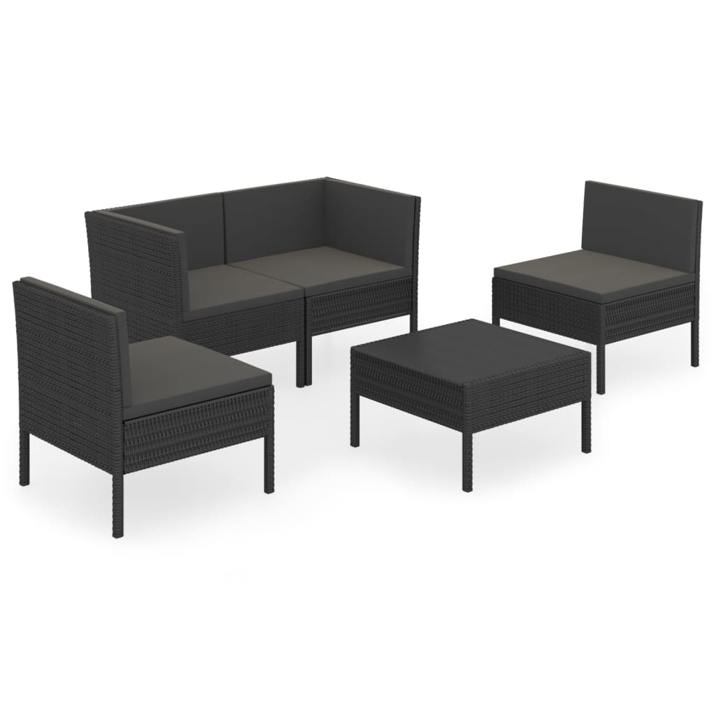 5 Piece Patio Lounge Set with Cushions Poly Rattan Black