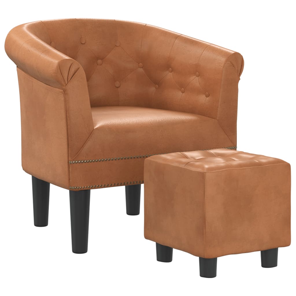 Tub Chair with Footstool Brown Faux Leather