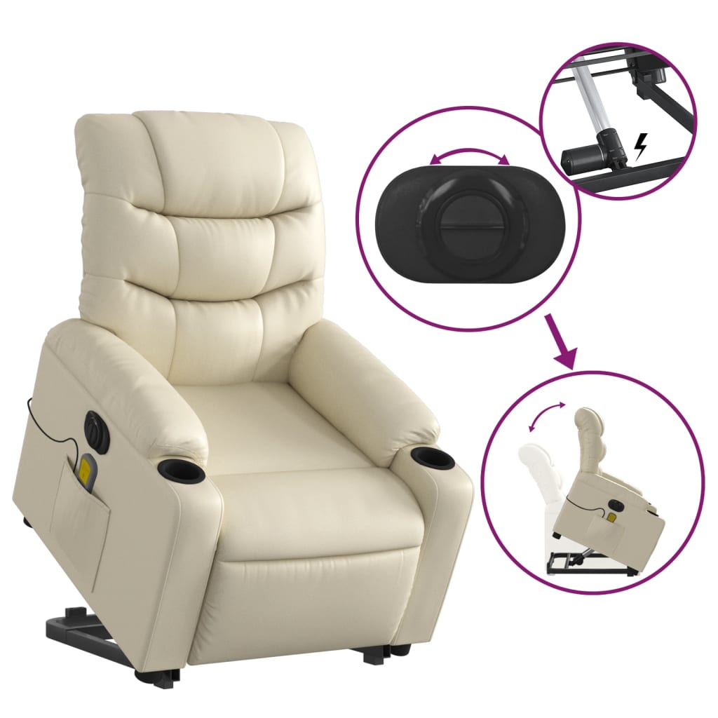 Electric Stand up Massage Recliner Chair Cream Faux Leather