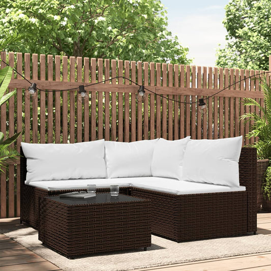 4 Piece Patio Lounge Set with Cushions Brown Poly Rattan