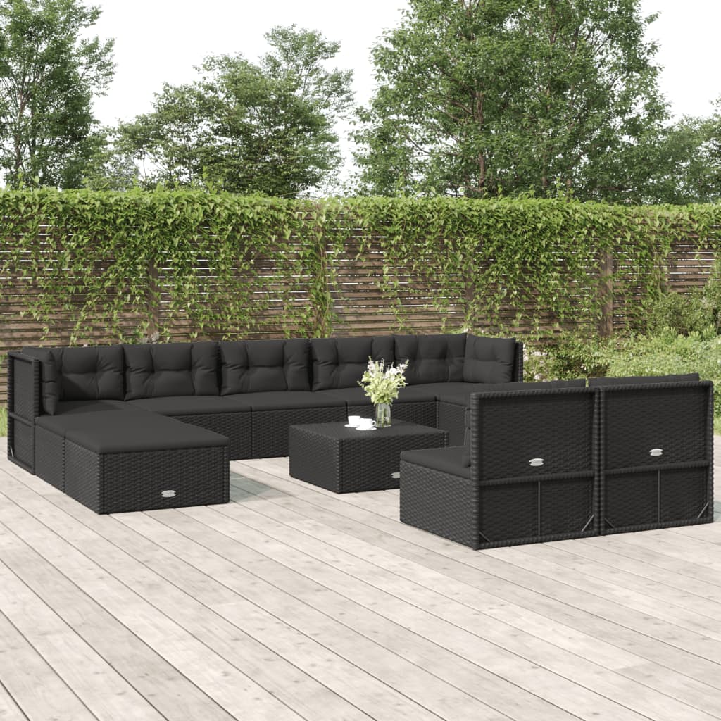 10 Piece Patio Lounge Set with Cushions Black Poly Rattan