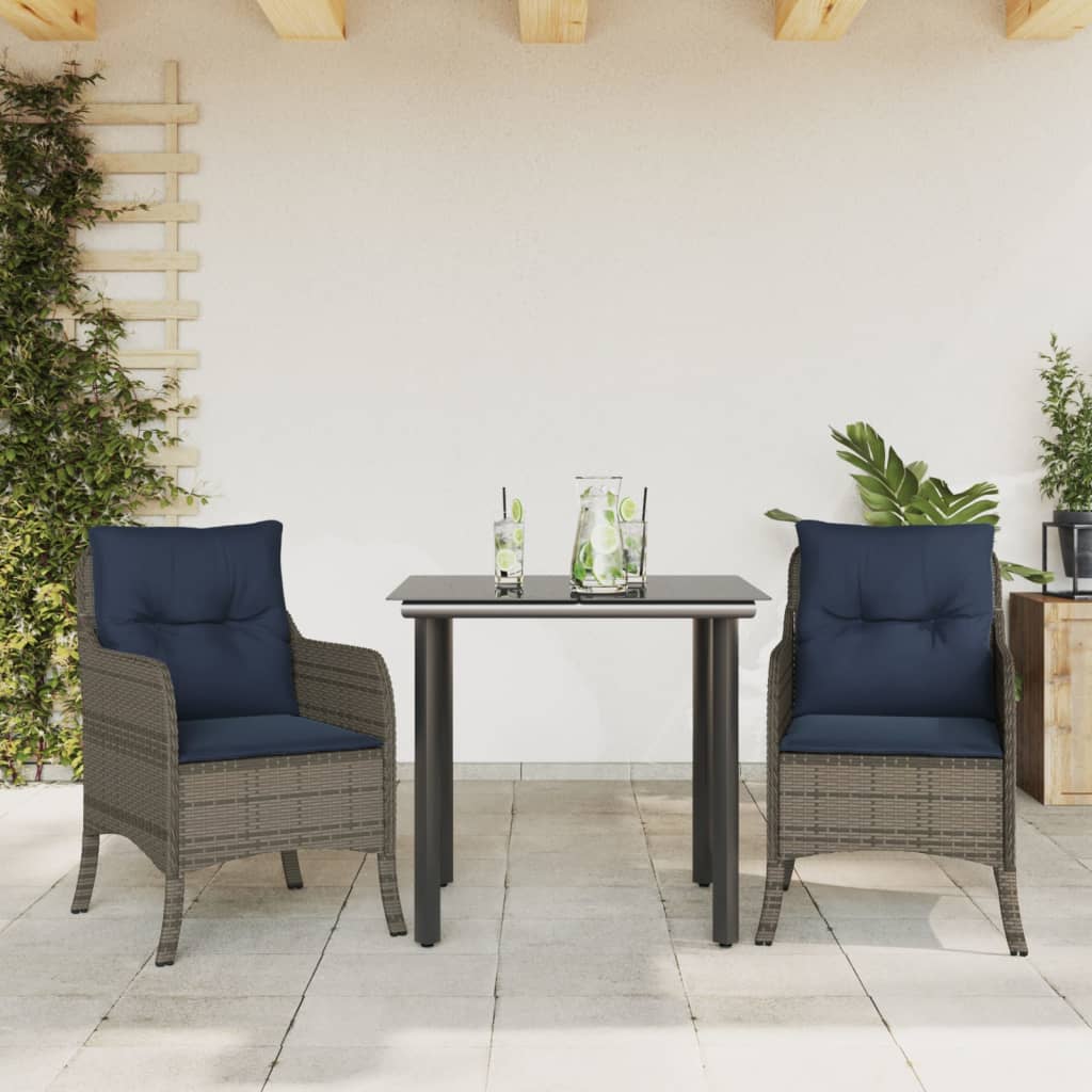 3 Piece Patio Dining Set with Cushions Gray Poly Rattan