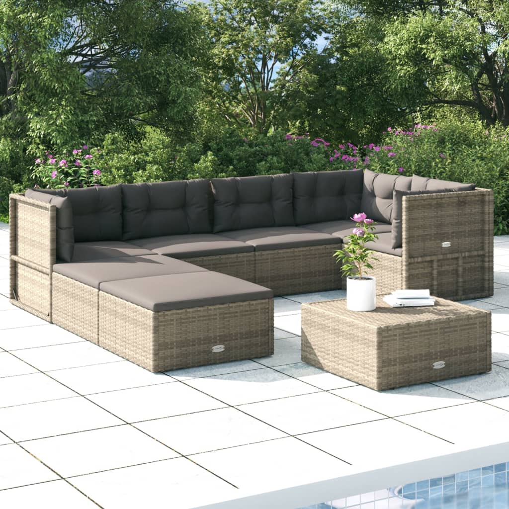 7 Piece Patio Lounge Set with Cushions Gray Poly Rattan