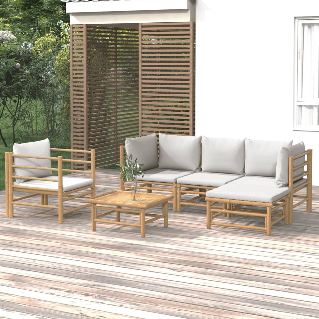 6 Piece Patio Lounge Set with Light Gray Cushions Bamboo