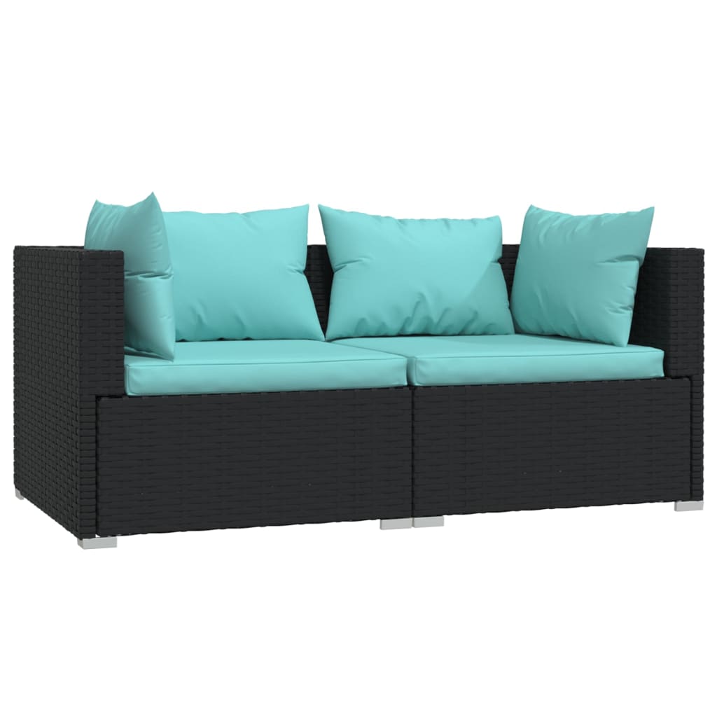 Patio Loveseat with Cushions Black Poly Rattan