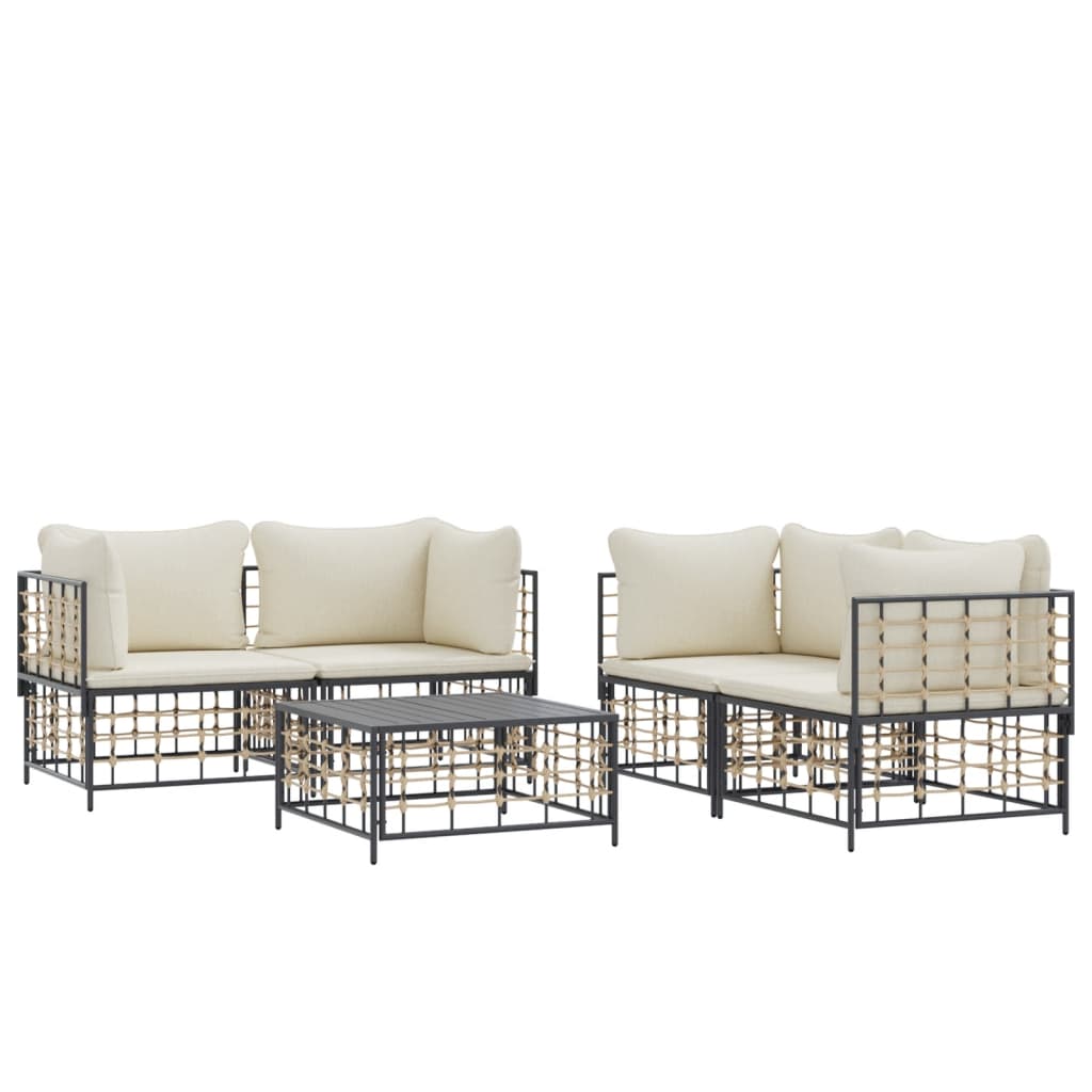 5 Piece Patio Lounge Set with Cushions Anthracite Poly Rattan