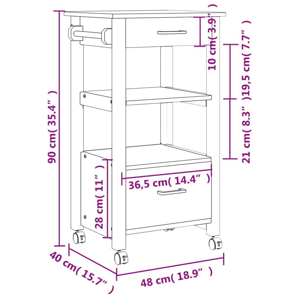 Kitchen Trolley MONZA 18.9"x15.7"x35.4" Solid Wood Pine