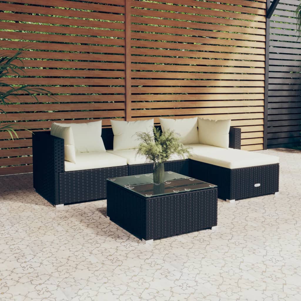 5 Piece Patio Lounge Set with Cushions Poly Rattan Black