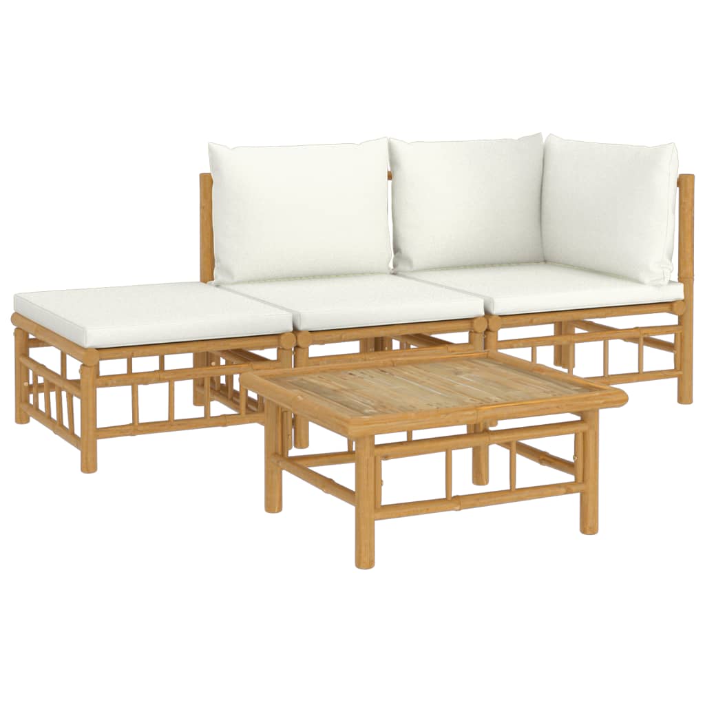 4 Piece Patio Lounge Set with Cream White Cushions Bamboo