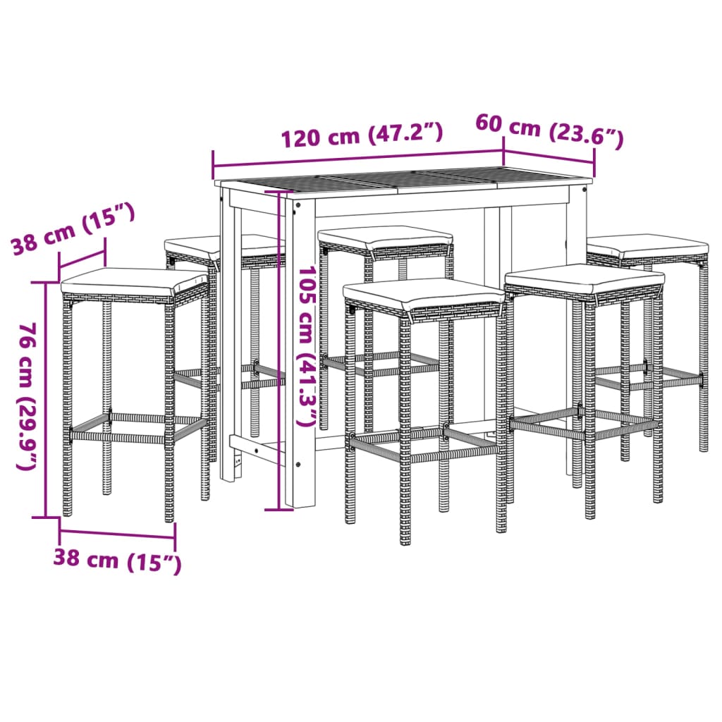 7 Piece Patio Bar Set Gray Solid Wood Acacia and Poly Rattan