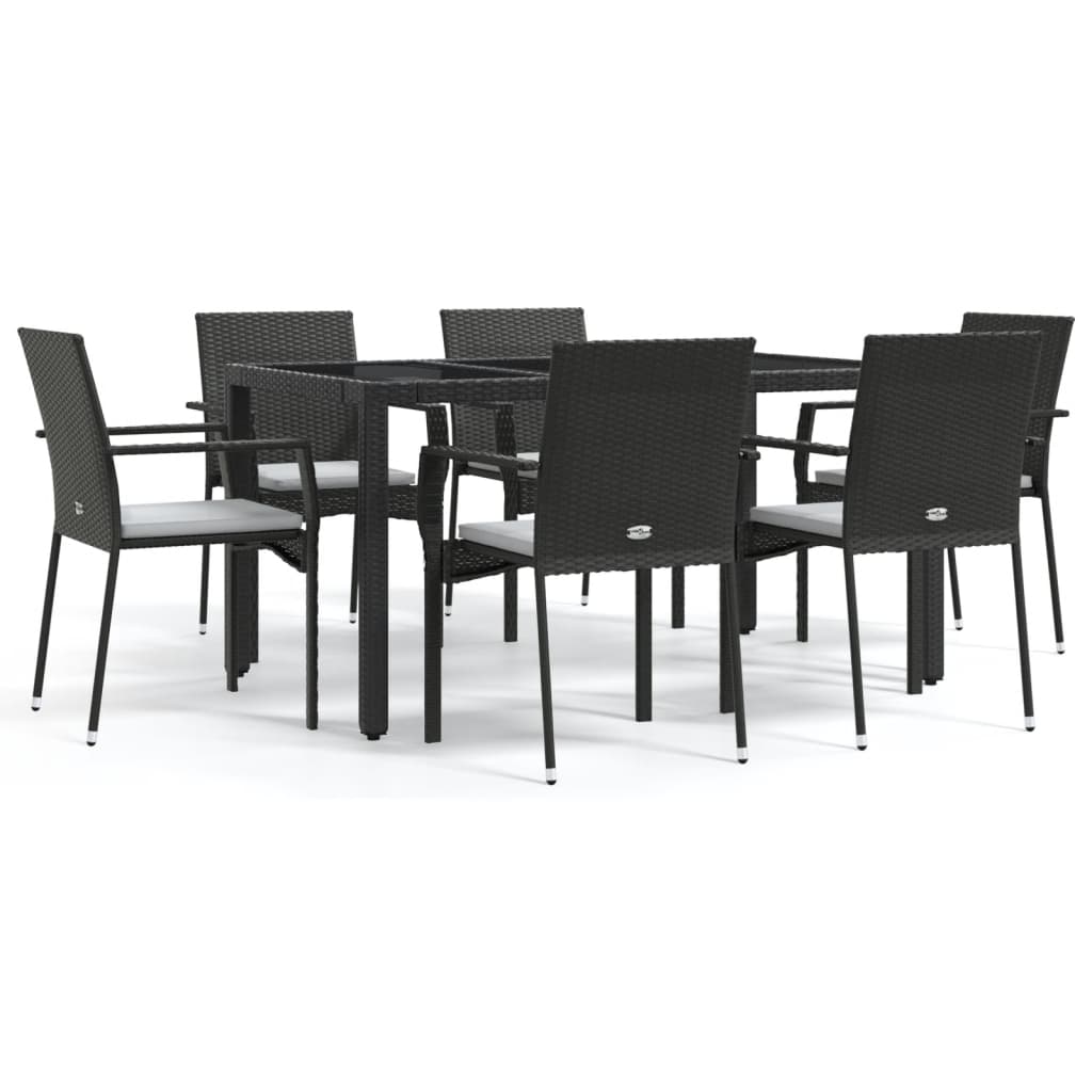 7 Piece Patio Dining Set with Cushions Black Poly Rattan