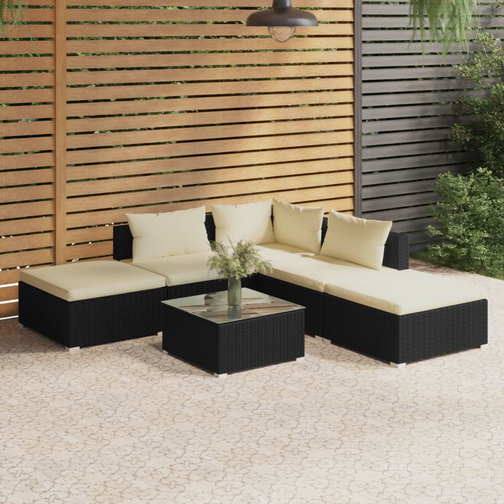 6 Piece Patio Lounge Set with Cushions Poly Rattan Black