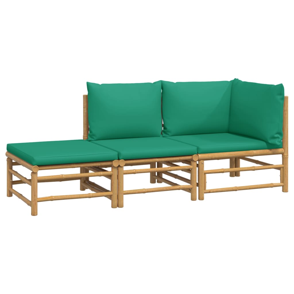 3 Piece Patio Lounge Set with Green Cushions Bamboo