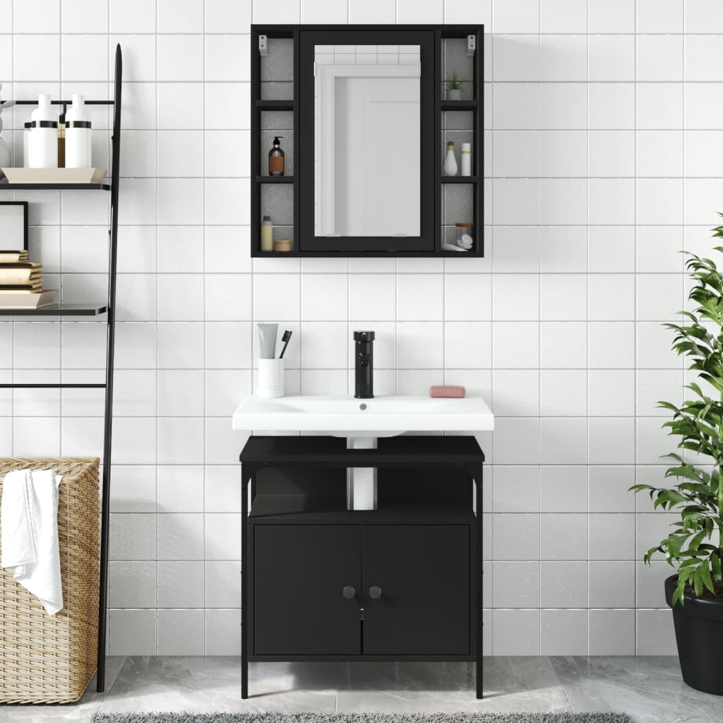 2 Piece Bathroom Furniture Set Black Engineered Wood