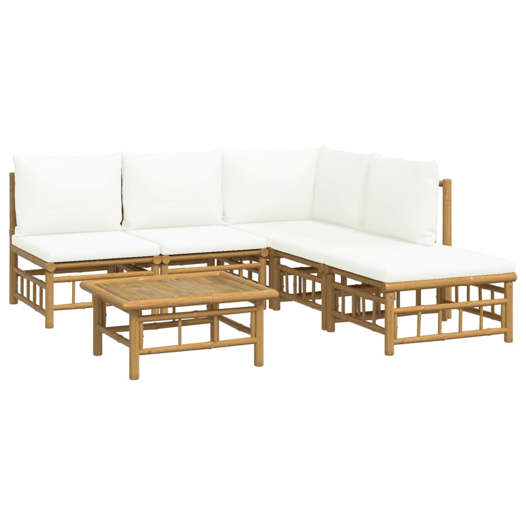 6 Piece Patio Lounge Set with Cream White Cushions Bamboo