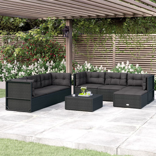 7 Piece Patio Lounge Set with Cushions Black Poly Rattan