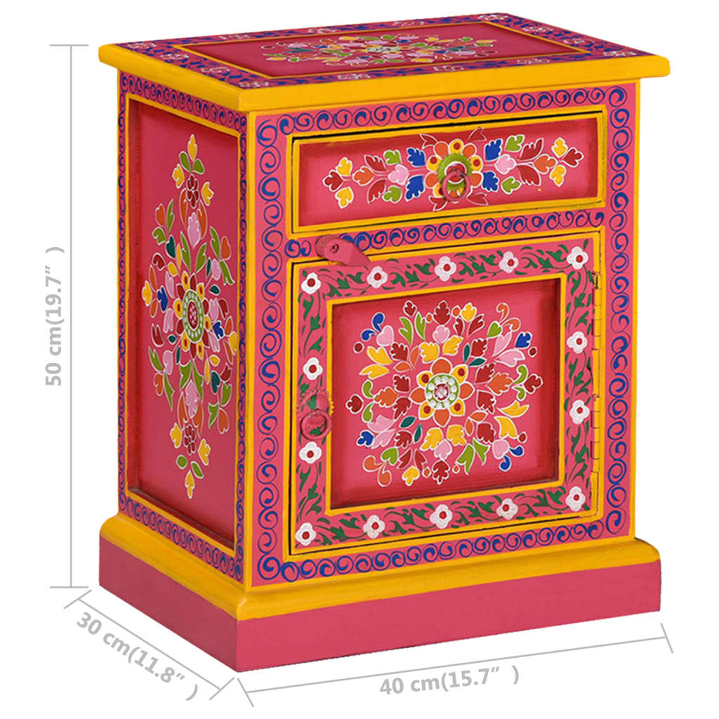 Bedside Cabinet Solid Mango Wood Pink Hand Painted