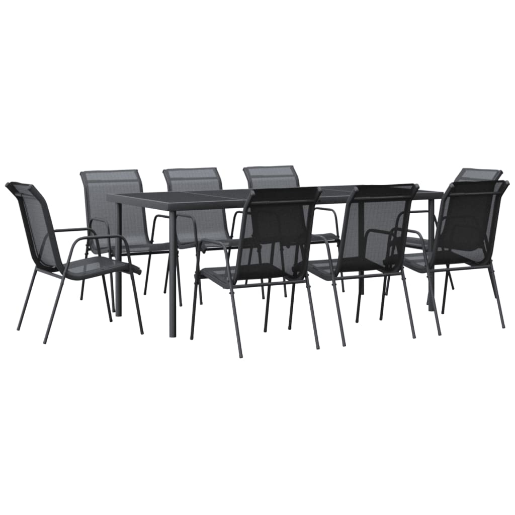 9 Piece Patio Dining Set Black Steel and Textilene