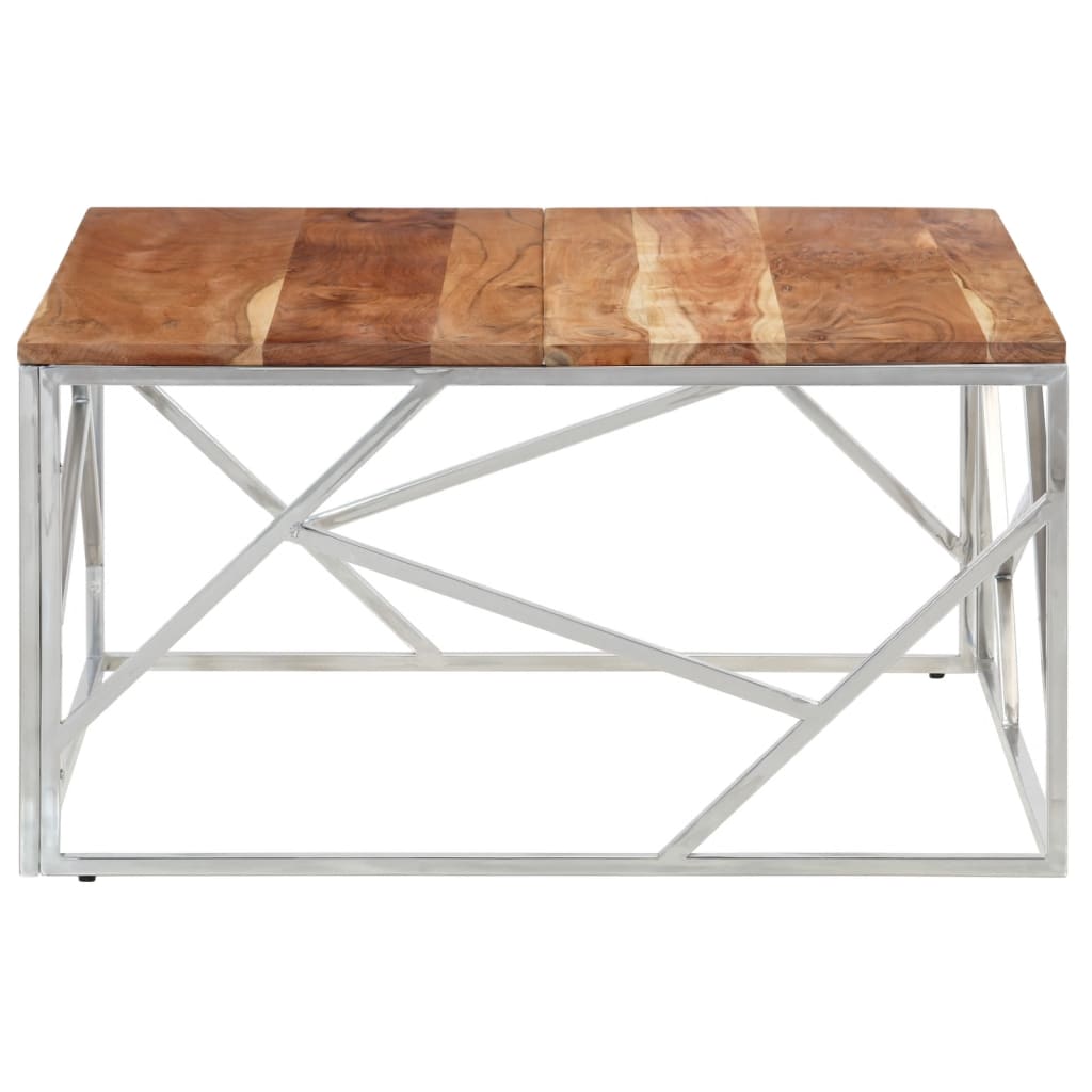 Coffee Table Silver Stainless Steel and Solid Acacia Wood