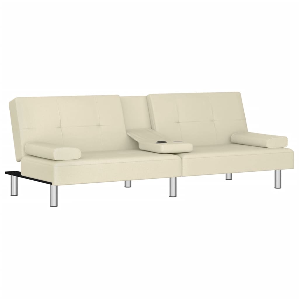 Sofa Bed with Cup Holders Cream Faux Leather