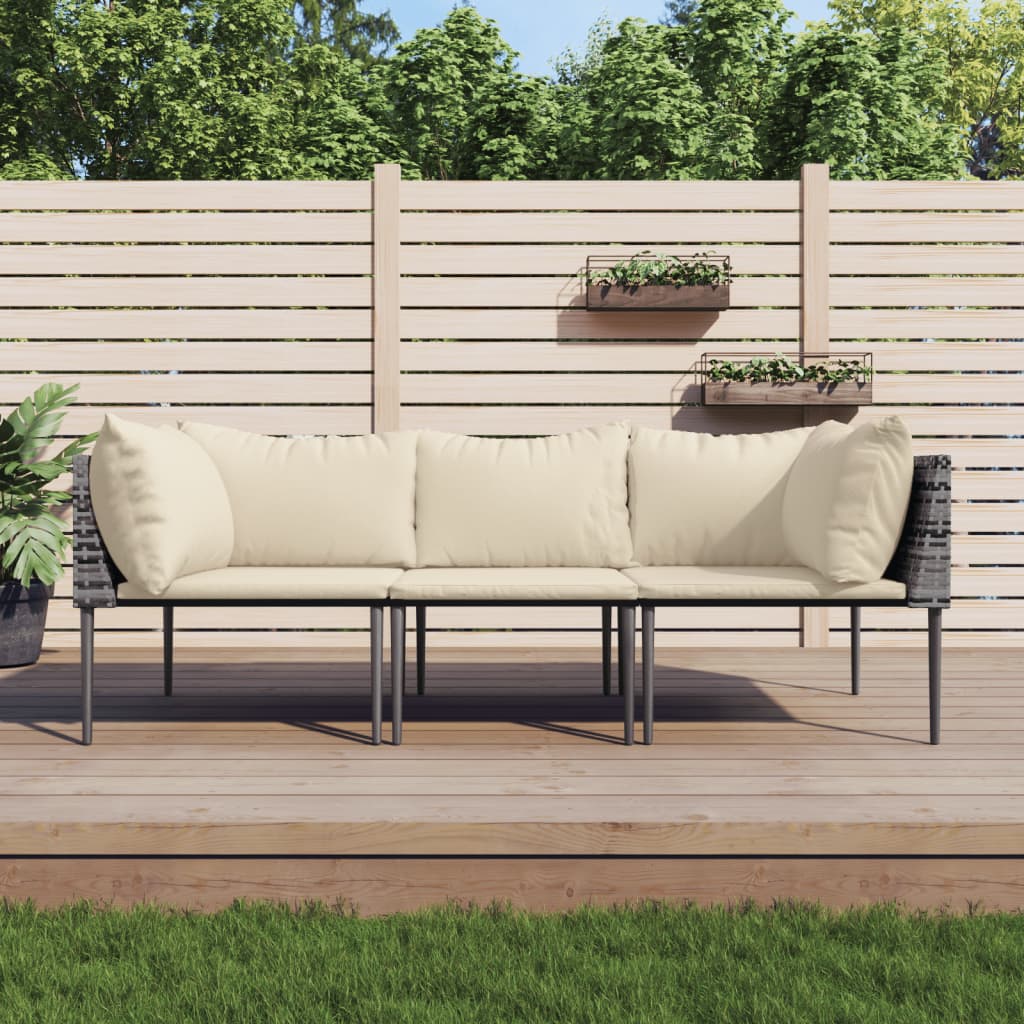 3 Piece Patio Lounge Set with Cushions Gray Poly Rattan