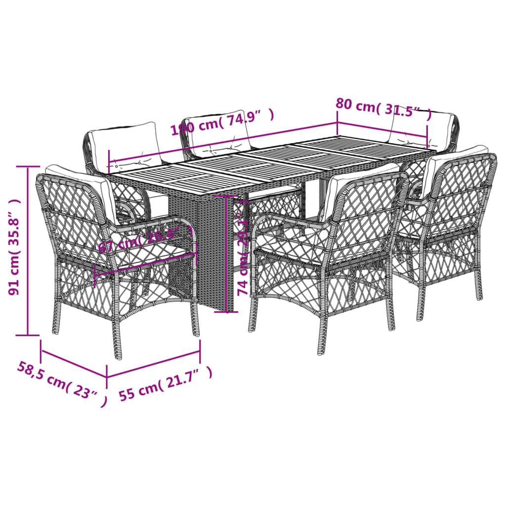 7 Piece Patio Dining Set with Cushions Gray Poly Rattan