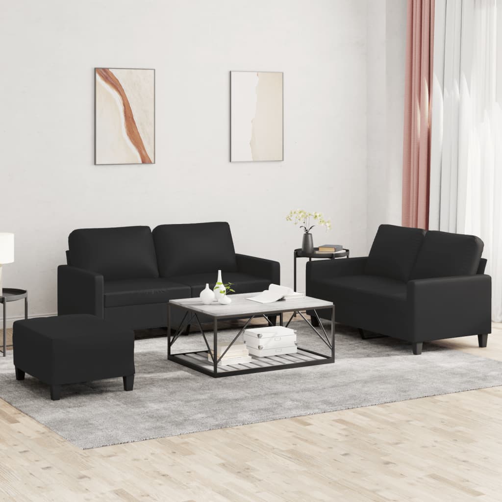 3 Piece Sofa Set with Cushions Black Faux Leather