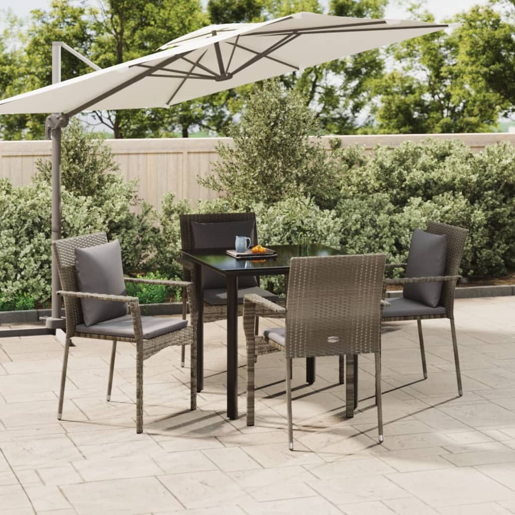 5 Piece Patio Dining Set with Cushions Black and Gray Poly Rattan