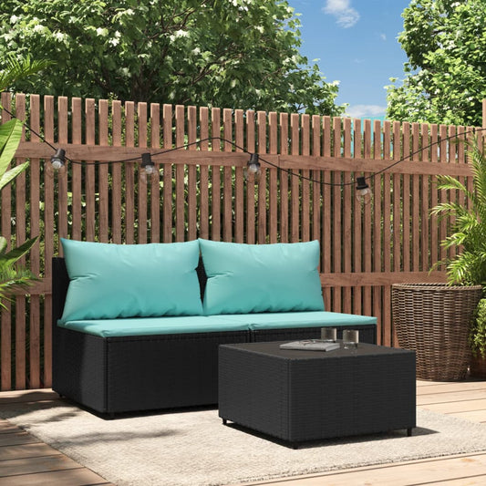 3 Piece Patio Lounge Set with Cushions Black Poly Rattan