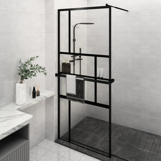 Walk-in Shower Wall with Shelf Black 35.4"x76.8" ESG Glass&Aluminum