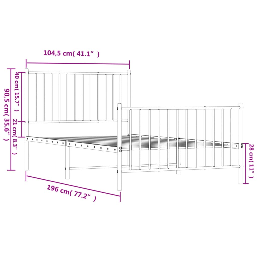 Metal Bed Frame without Mattress with Footboard White 39.4"x74.8"