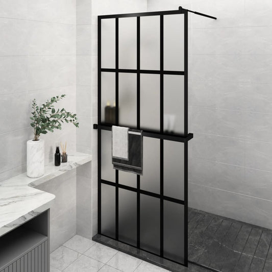 Walk-in Shower Wall with Shelf Black 35.4"x76.8" ESG Glass&Aluminum