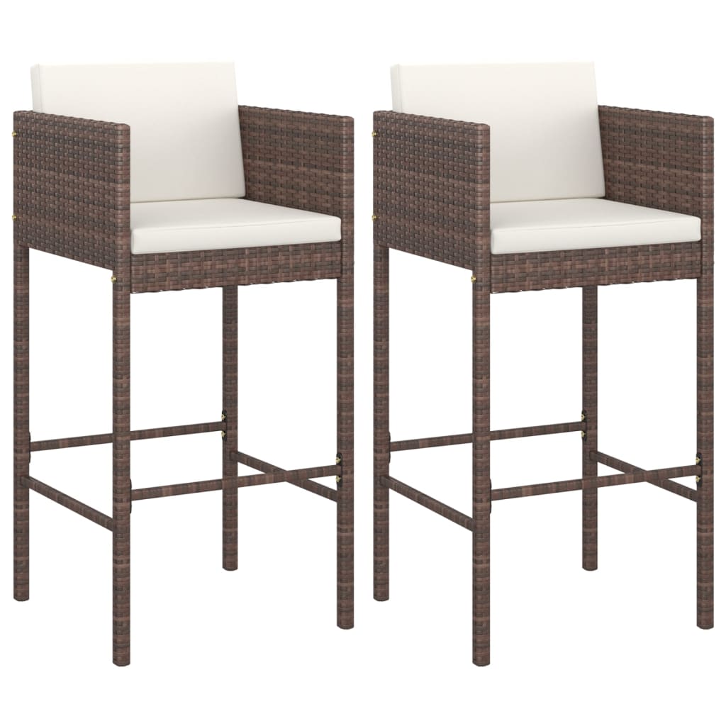 Bar Stools 2 pcs with Cushions Brown Poly Rattan