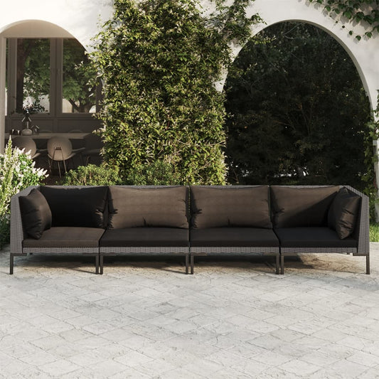 4 Piece Patio Lounge Set with Cushions Poly Rattan Dark Gray